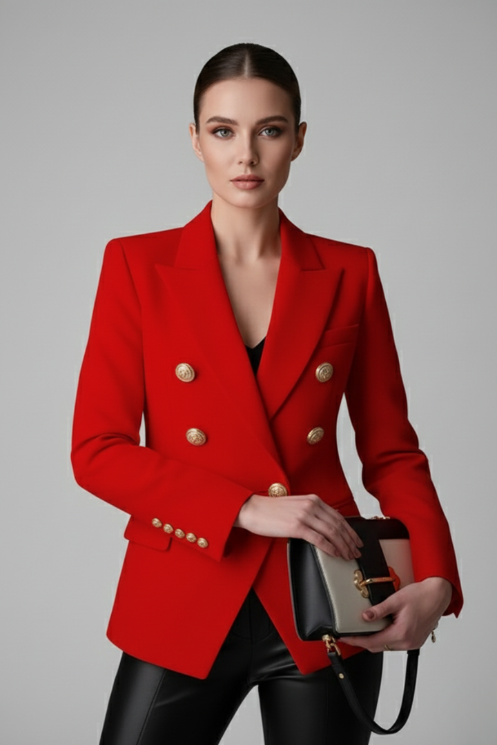 Stylish double-breasted women's blazer featuring eye-catching gold-tone button detailing. A professional essential.