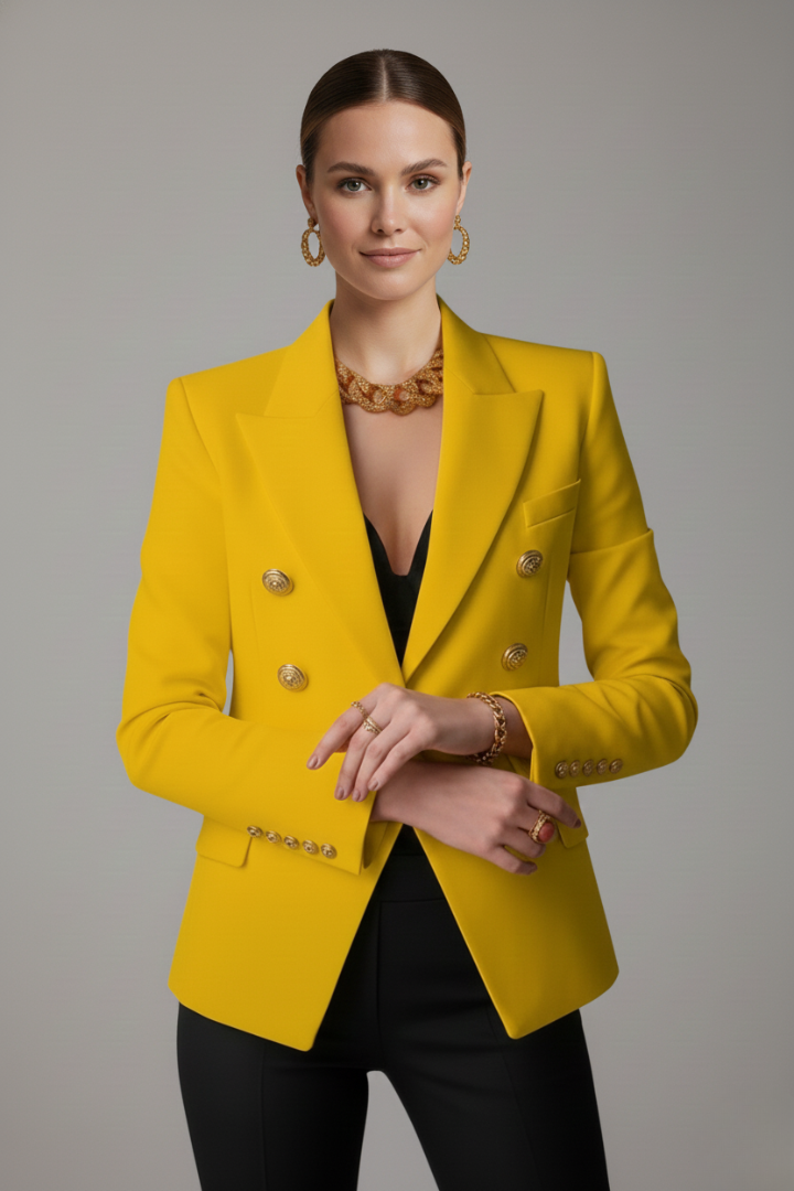 Formal women's blazer, double-breasted silhouette with exquisite gold buttons. Elevates any business ensemble.