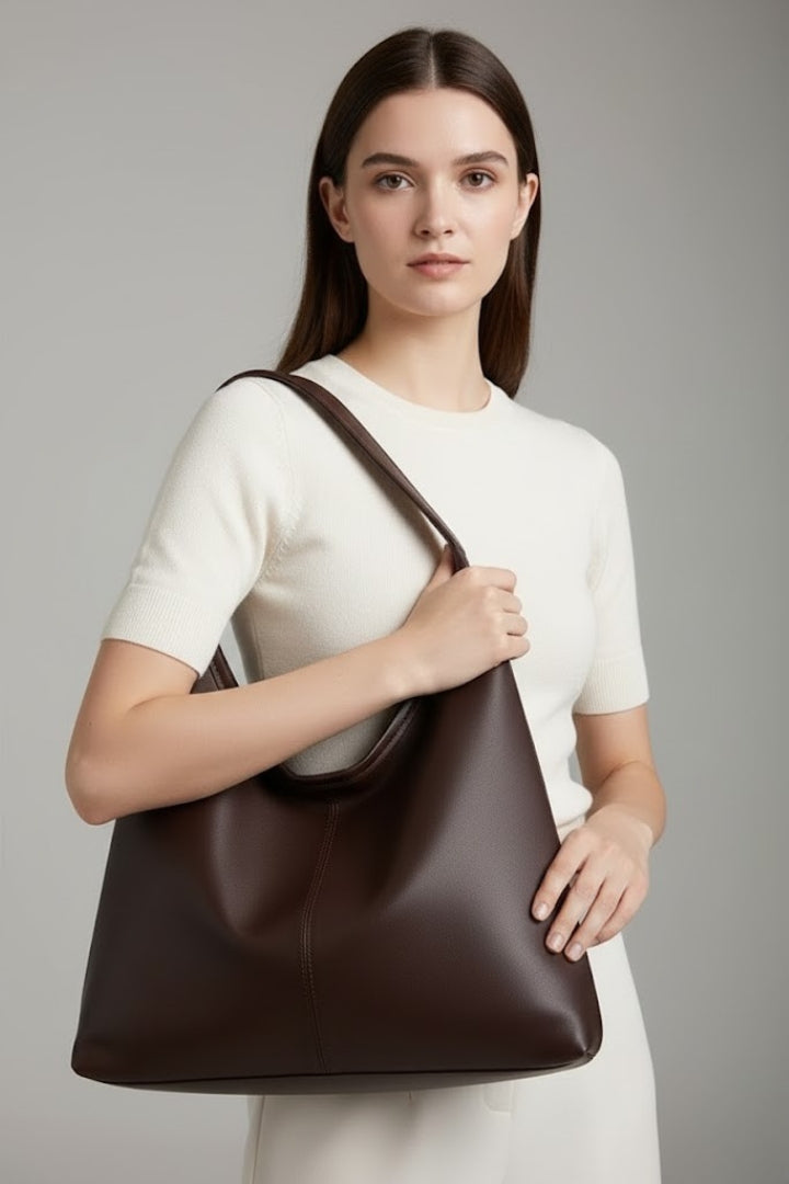 Large capacity women's faux leather tote bag with inner pocket. Everyday classic shoulder handbag for fashion.