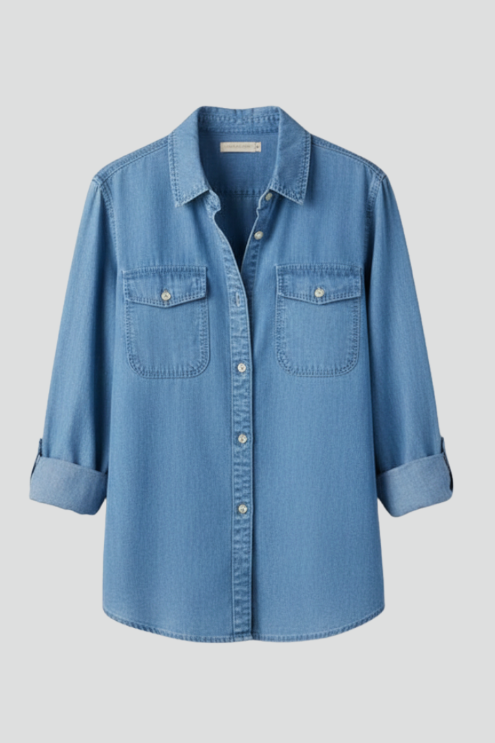 Classic women's long-sleeve button-front shirt, perfect for everyday wear and versatile fashion.