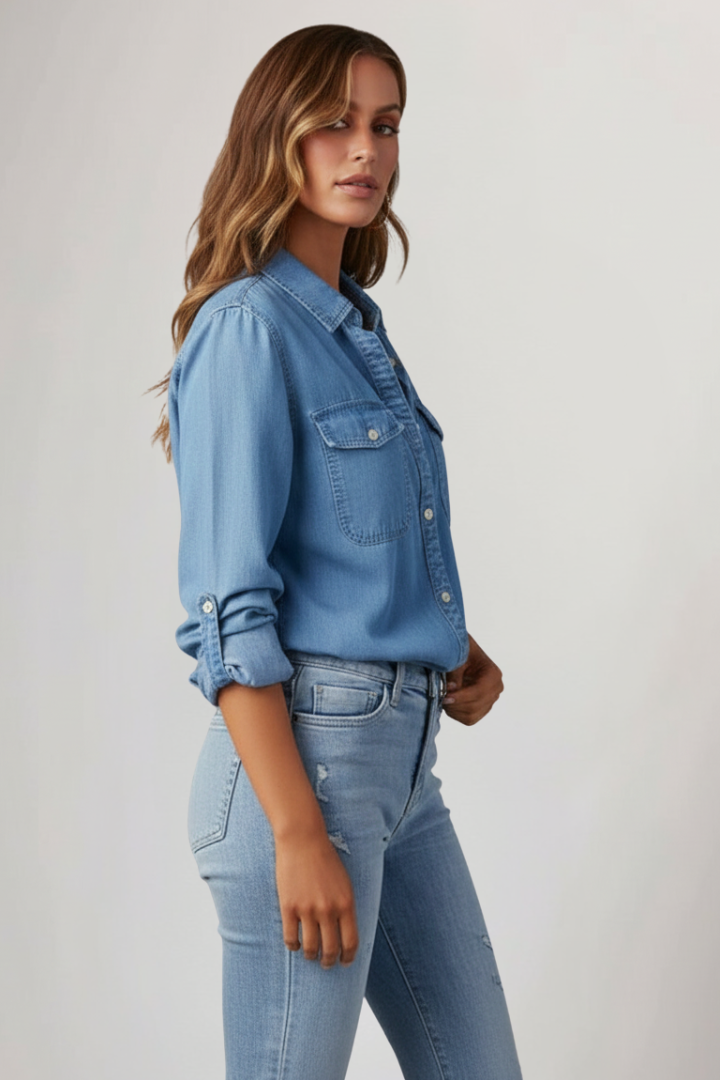 Elegant women's long-sleeve button-front shirt, a classic piece for women's casual and everyday clothing.