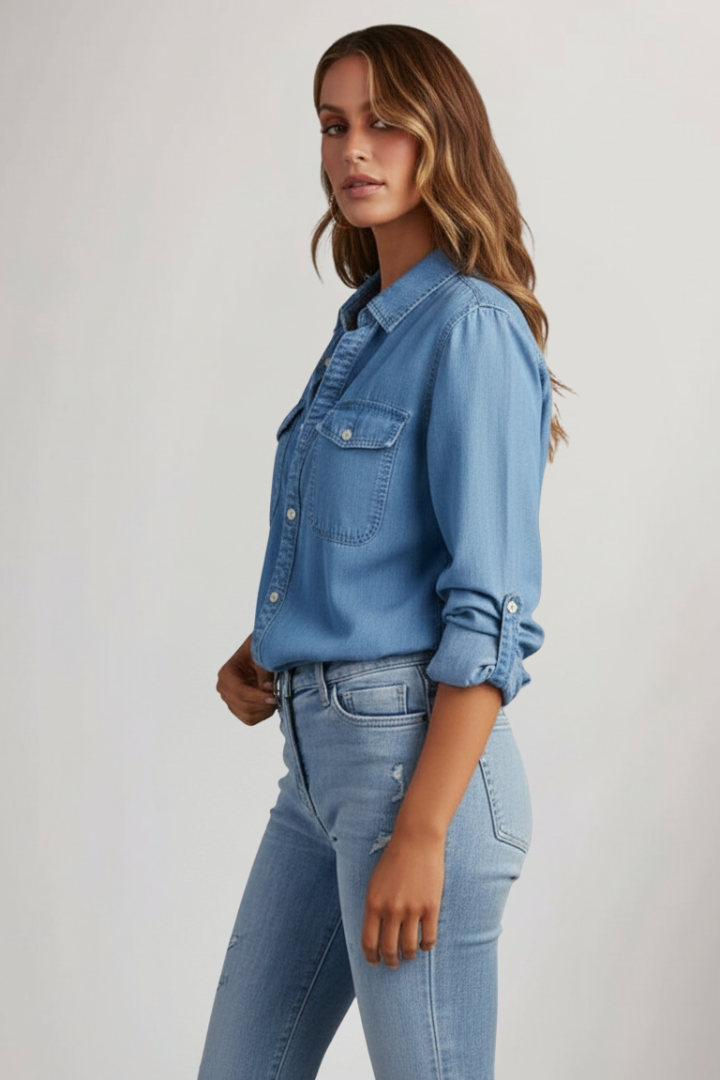 Comfortable women's classic shirt, long-sleeve button-front design, great for versatile everyday fashion.