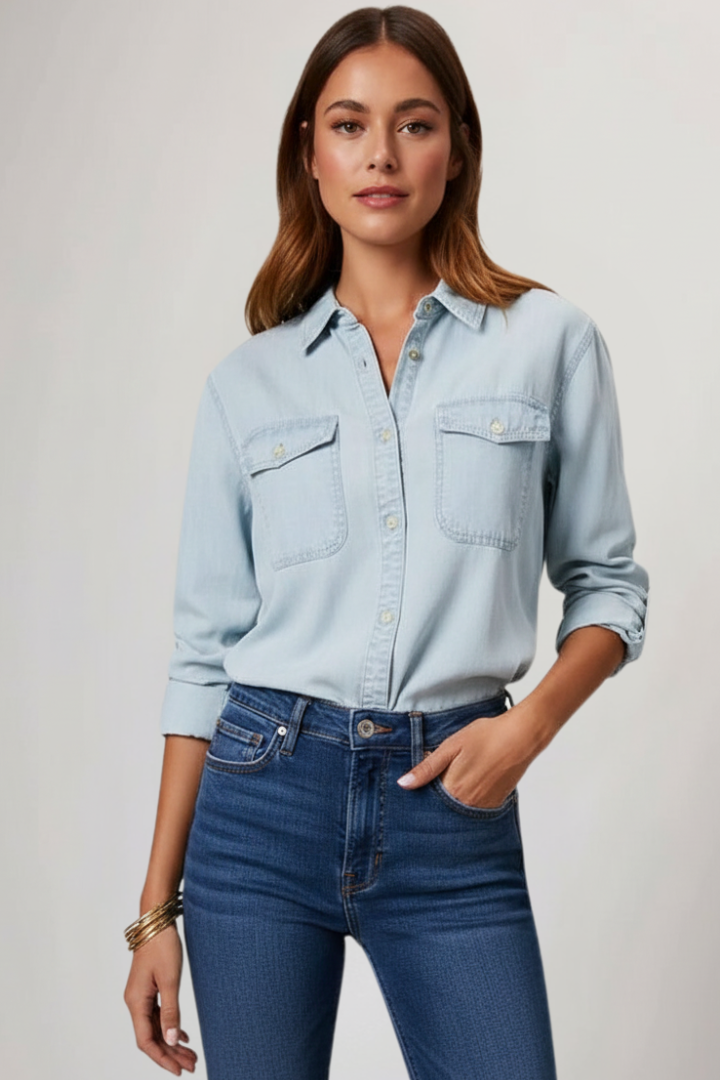 Timeless women's classic long-sleeve button-front shirt, a versatile staple for any women's wardrobe.