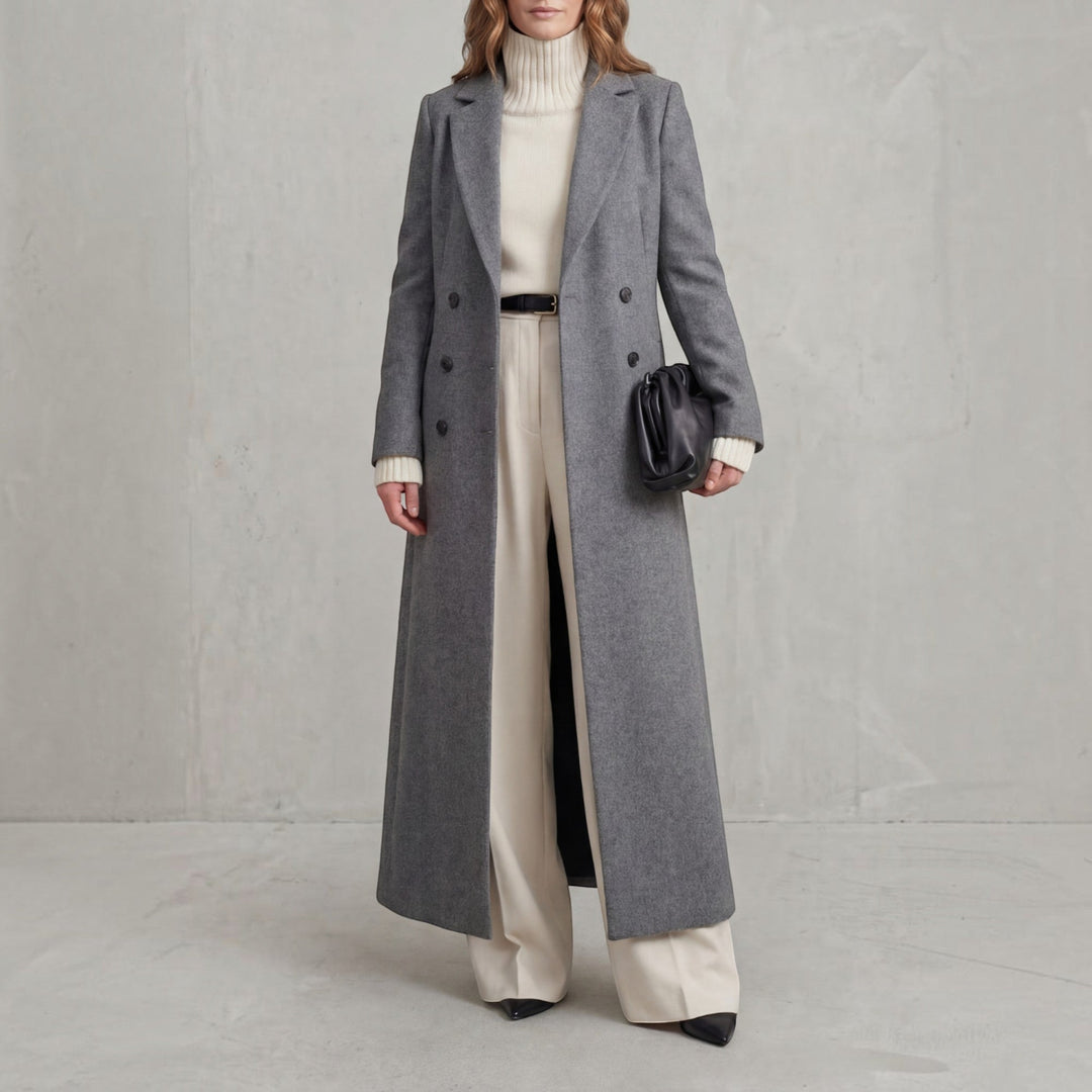 Classic women's maxi double-breasted trench coat for elegant fall fashion outerwear.