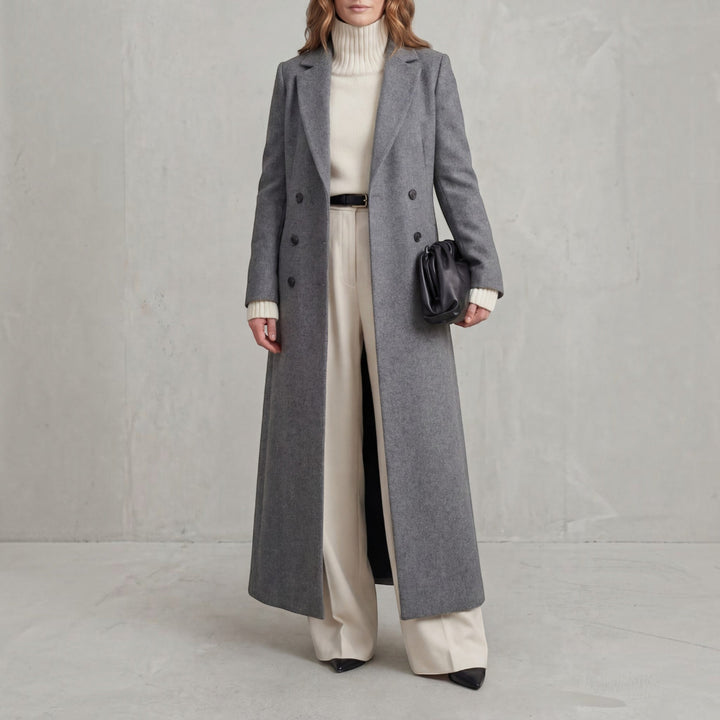 Classic women's maxi double-breasted trench coat for elegant fall fashion outerwear.