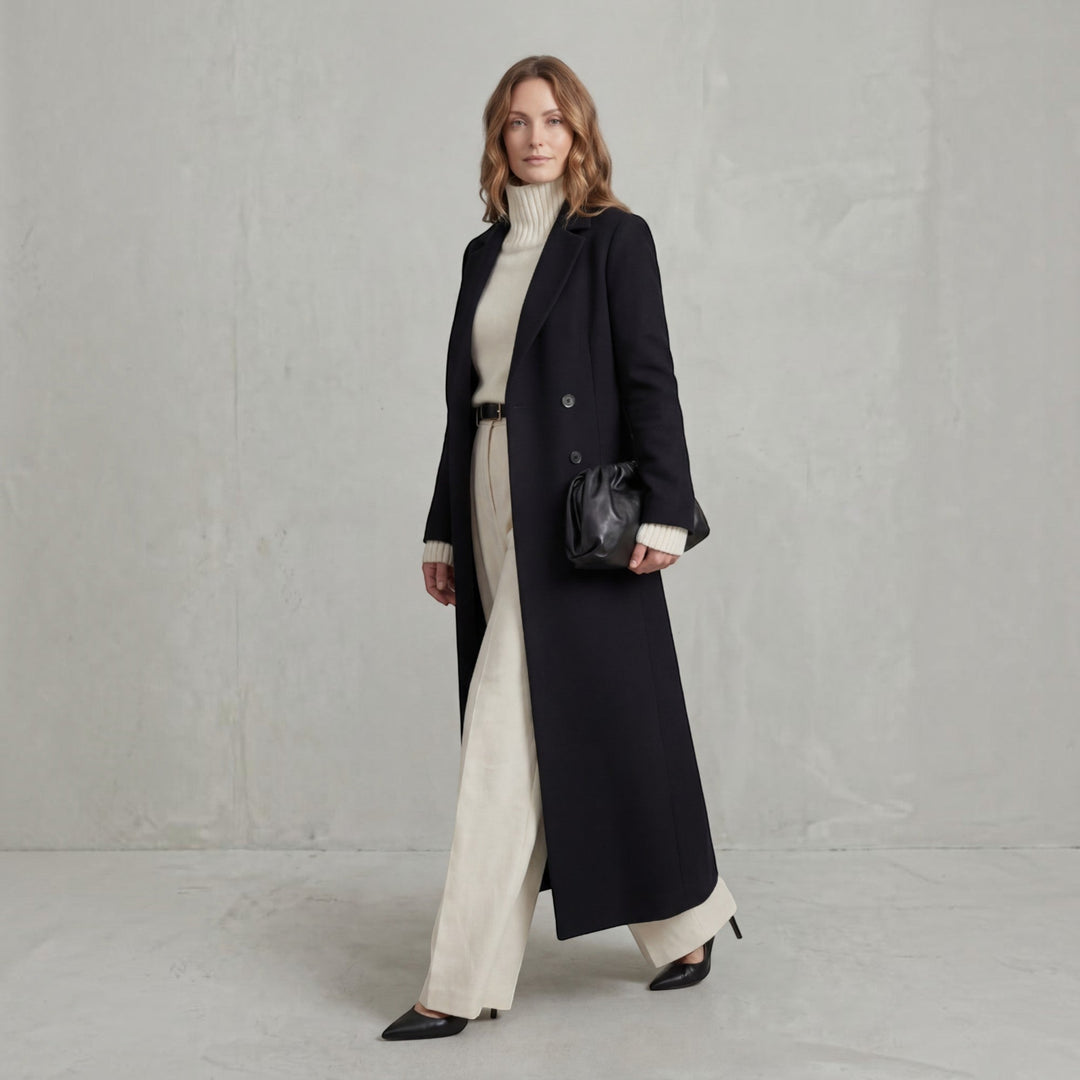 Stylish women's trench coat, double-breasted & long, a perfect winter fashion statement.