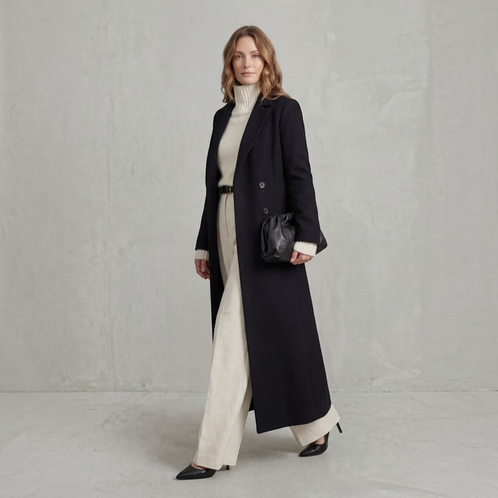 Stylish women's trench coat, double-breasted & long, a perfect winter fashion statement.