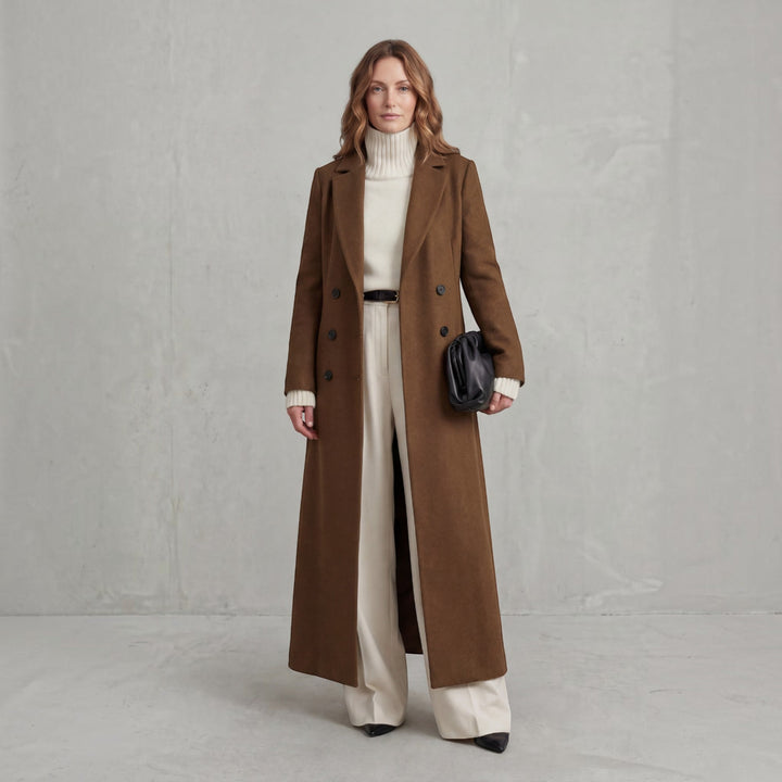 Women's classic double-breasted maxi trench coat, versatile and elegant for winter.