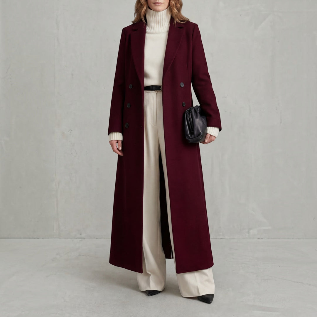 Sophisticated women's long double-breasted trench coat, a timeless fall & winter jacket.