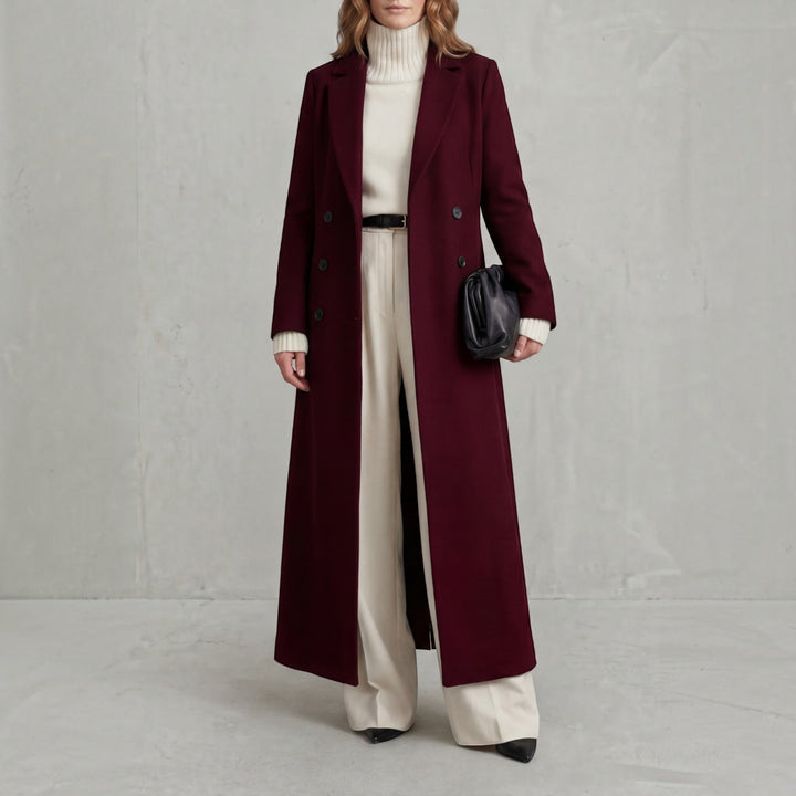 Sophisticated women's long double-breasted trench coat, a timeless fall & winter jacket.