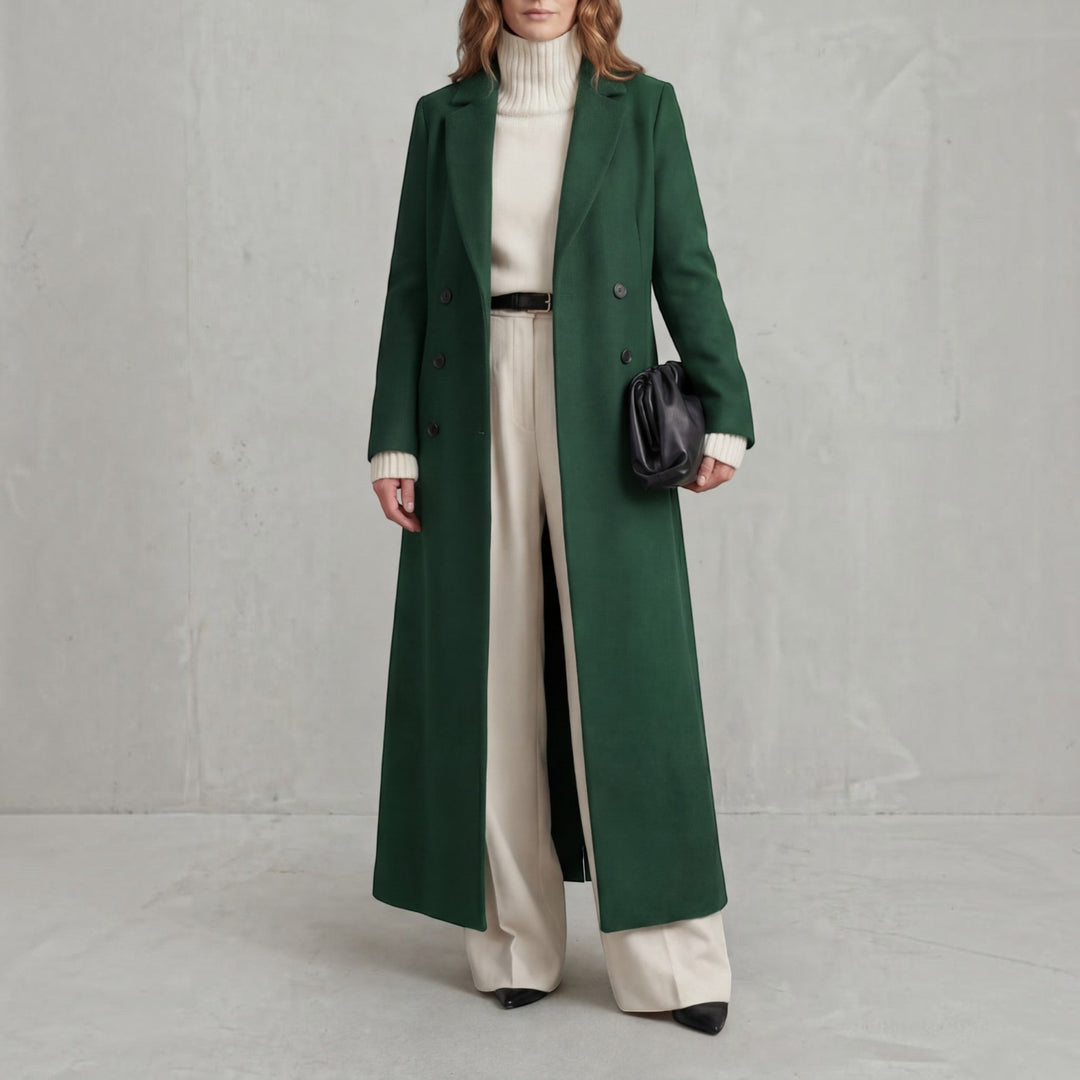 Women's fall fashion double-breasted trench coat, a long and stylish outerwear piece.