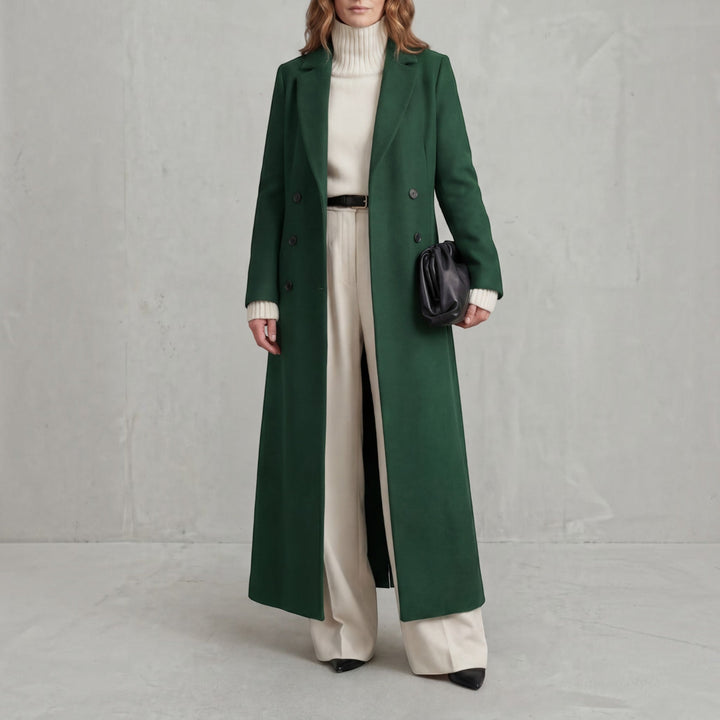 Women's fall fashion double-breasted trench coat, a long and stylish outerwear piece.