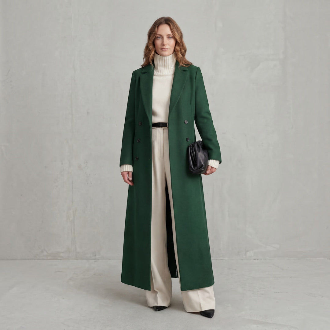 Maxi double-breasted trench coat for women, ideal for sophisticated cold weather fashion.