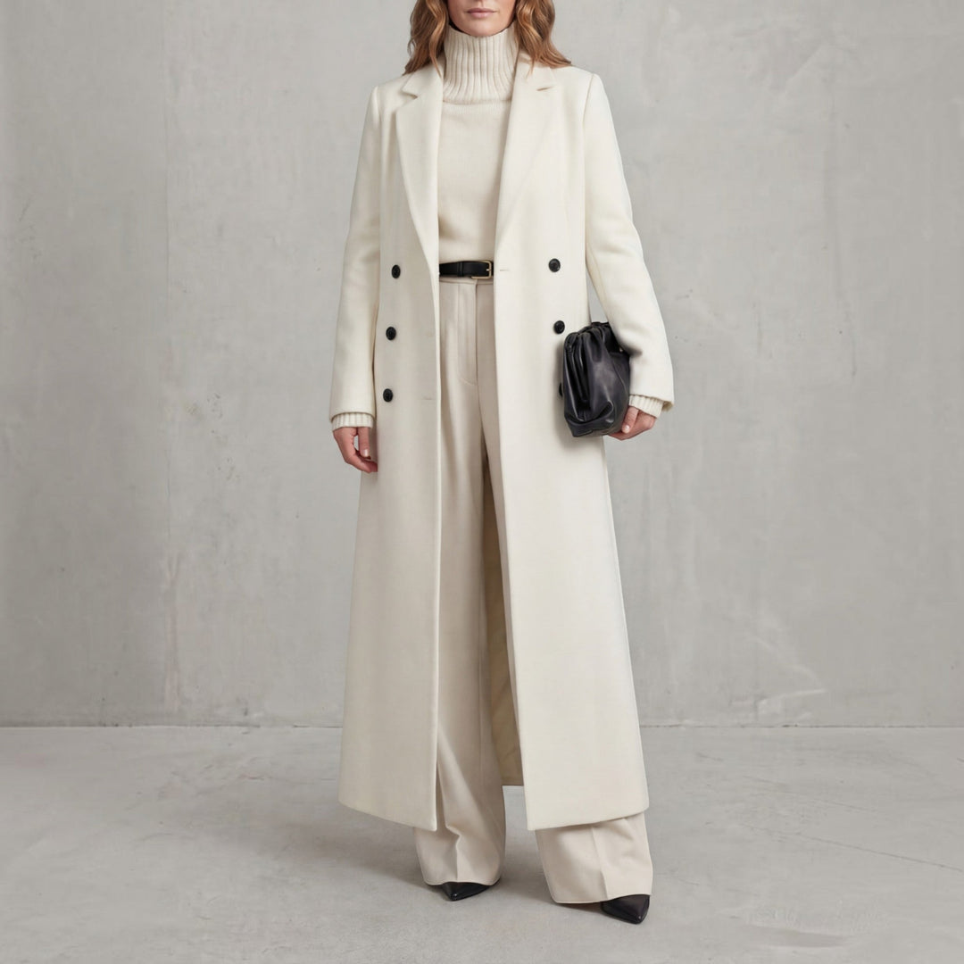 Stylish women's long double-breasted trench coat, a classic winter jacket.