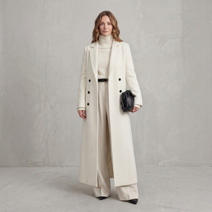 Elegant women's maxi trench coat, double-breasted design for classic fall outerwear.