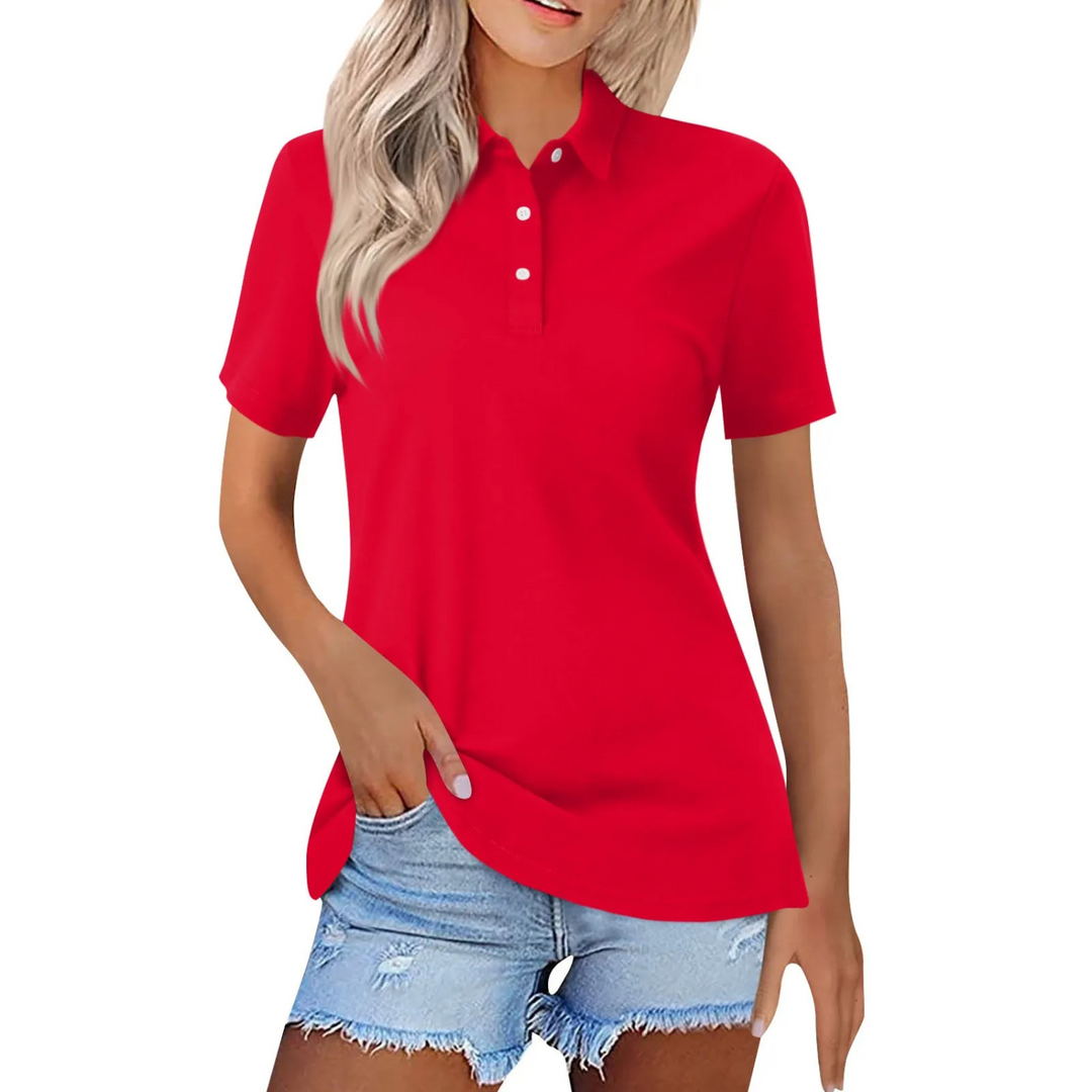 Women's collared short sleeve polo shirt. Smart casual everyday top, perfect for a classic and versatile look.