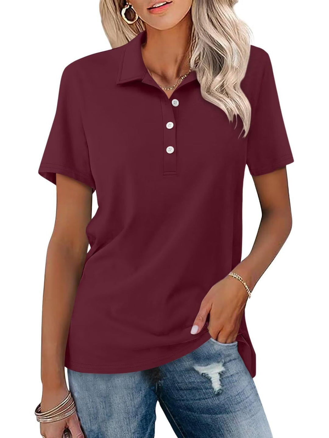 Polished women's short sleeve polo top. A versatile classic collared shirt for smart casual everyday outfits.