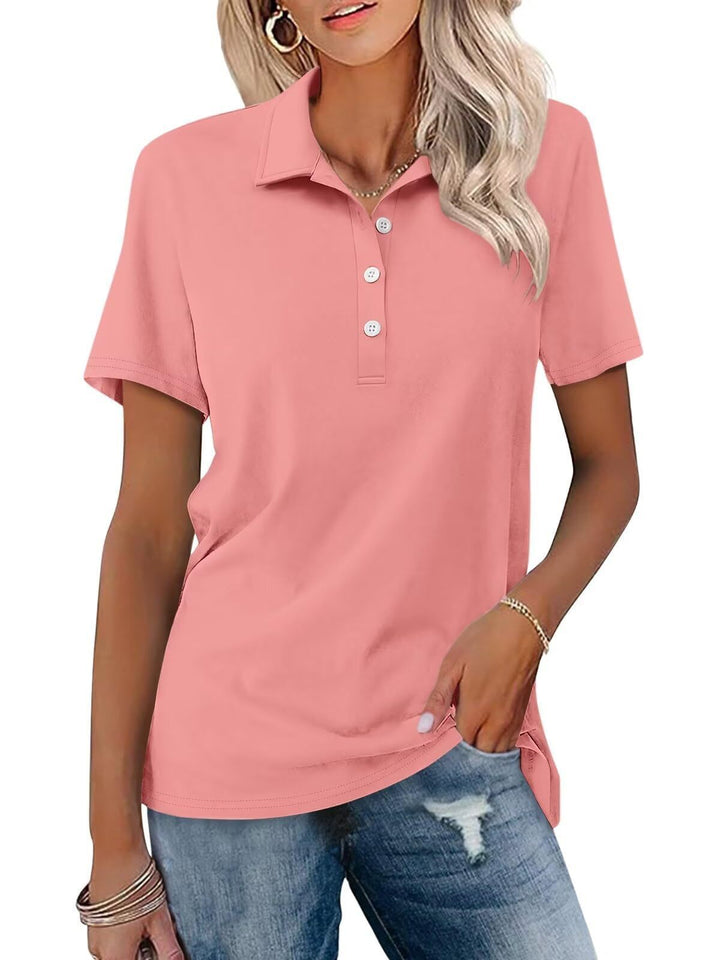 Lightweight women's short sleeve polo. Smart casual everyday top, essential classic style for summer fashion.