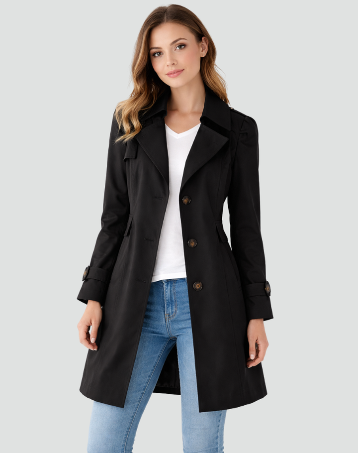 Classic women's tailored trench coat in a versatile mid-length. Elegant outerwear perfect for spring and fall.