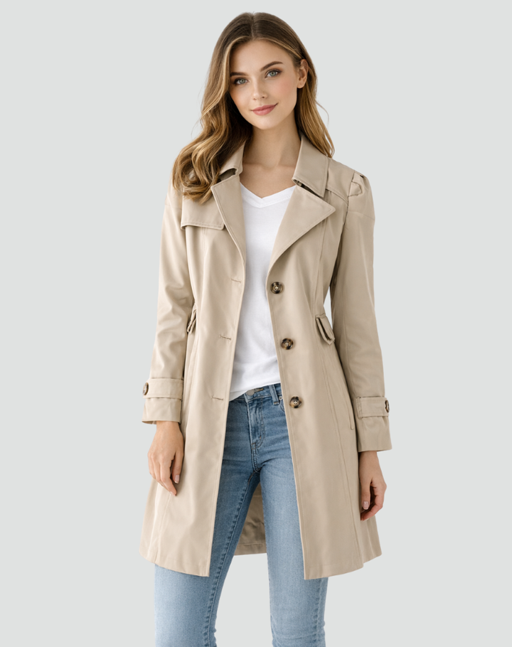 Sophisticated black women's trench coat, tailored mid-length jacket with lapel design. Ideal for workwear.