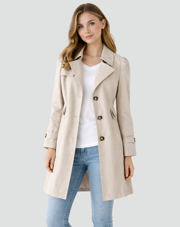 Stylish khaki women's mid-length trench coat. Versatile tailored jacket for a casual chic or elegant look.