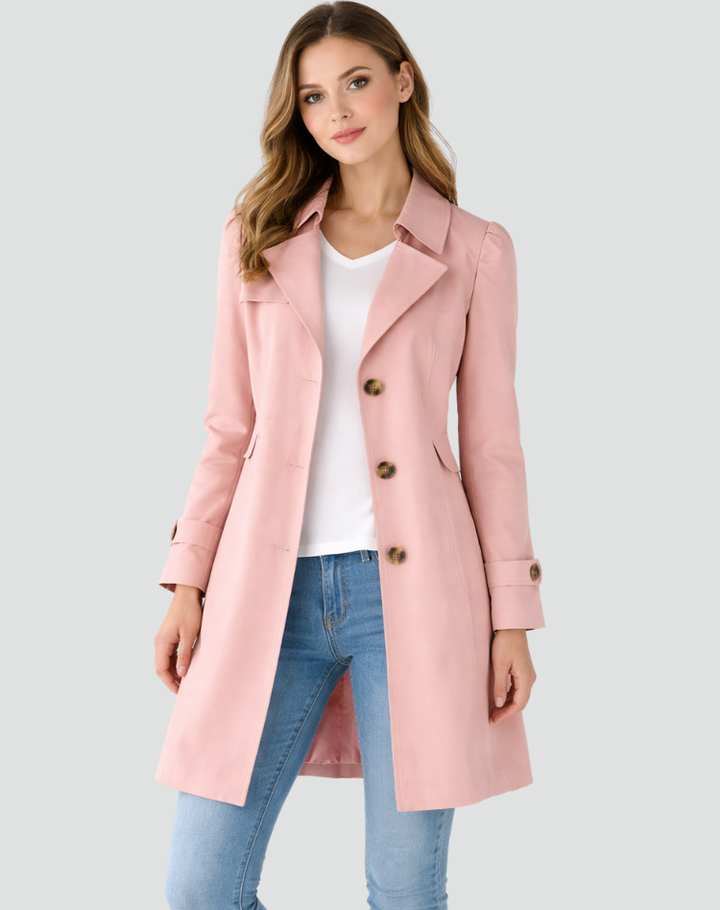 Elegant pink women's tailored trench coat. Mid-length jacket with lapel design, perfect spring fashion outerwear.