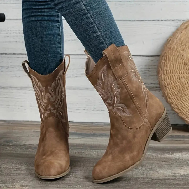 Classic women's western cowboy boots with stylish stitching, perfect for versatile fashion and comfortable all-day wear.