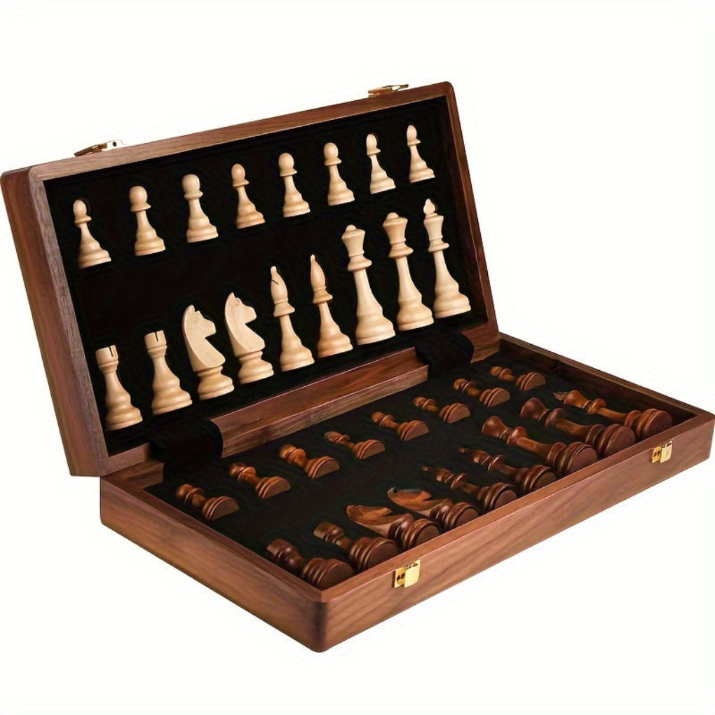 Classic wooden chess set with intricately carved pieces on a solid wood board, ideal for strategy games & family fun.