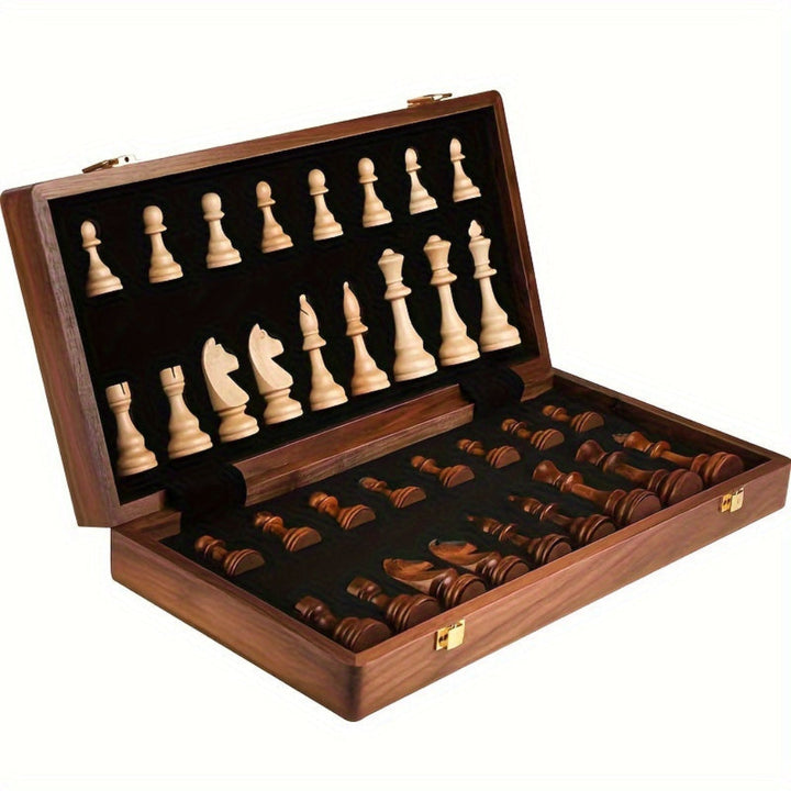 Classic wooden chess set with intricately carved pieces on a solid wood board, ideal for strategy games & family fun.