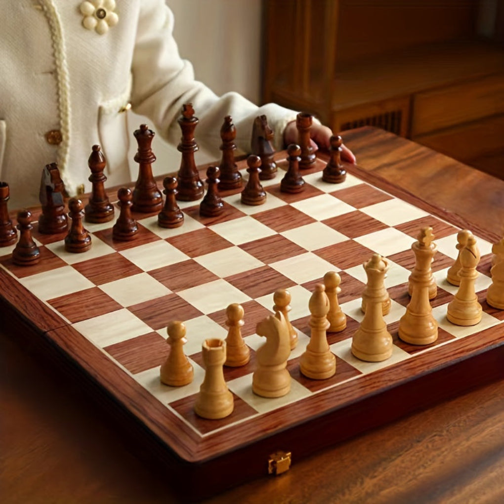 Elegant wooden chess set with built-in storage for pieces, a perfect gift for strategy game enthusiasts & board game lovers.