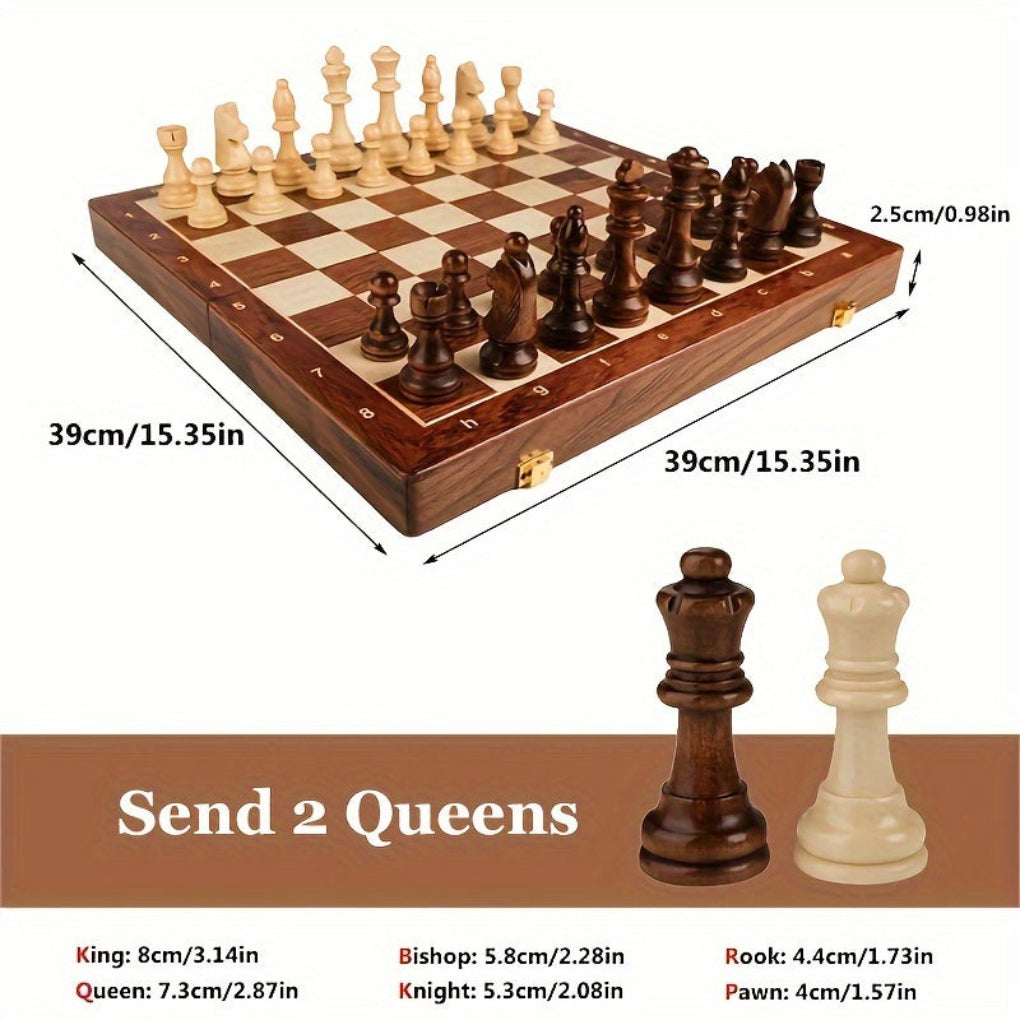 Premium wooden chess set displayed on a tabletop, featuring dark and light wood pieces and a sturdy board for classic strategy.