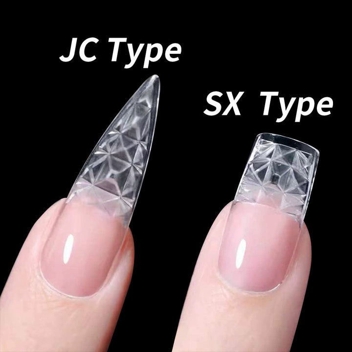 Transparent false nail tips for professional women's manicures, ideal for gel & acrylic nail extensions.