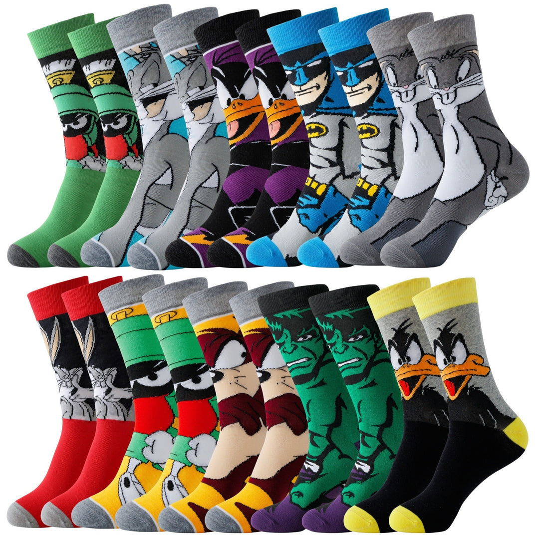 Close-up of a pair of bright, funny cartoon character ankle socks for unisex.