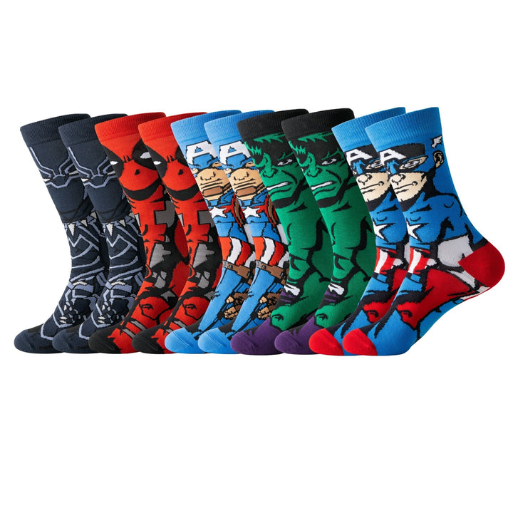 A pair of vibrant, eye-catching character socks, showcasing unique cartoon designs for unisex appeal.