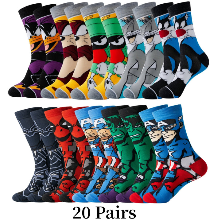 Vibrant collection of funny character socks, designed for unisex comfort & playful style.