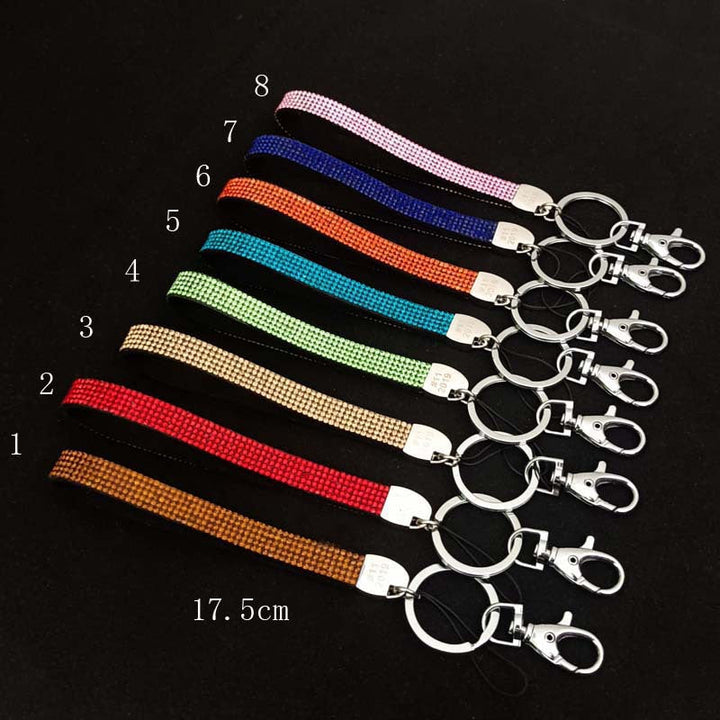 Close-up of a sparkling rhinestone keychain, ideal as a key holder or bag charm accessory.