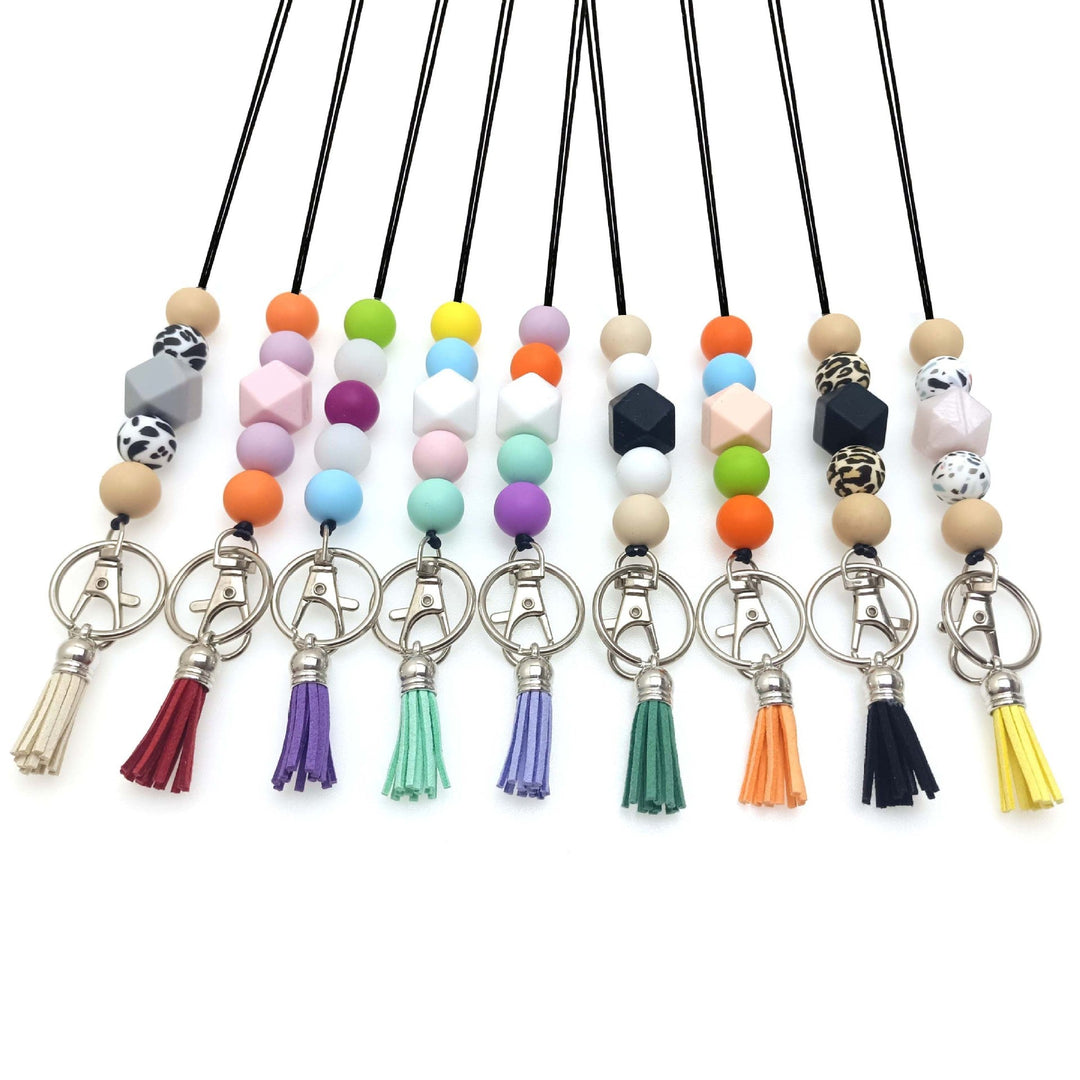 Close-up of a vibrant silicone beaded keychain, perfect as a bag charm or key holder accessory.