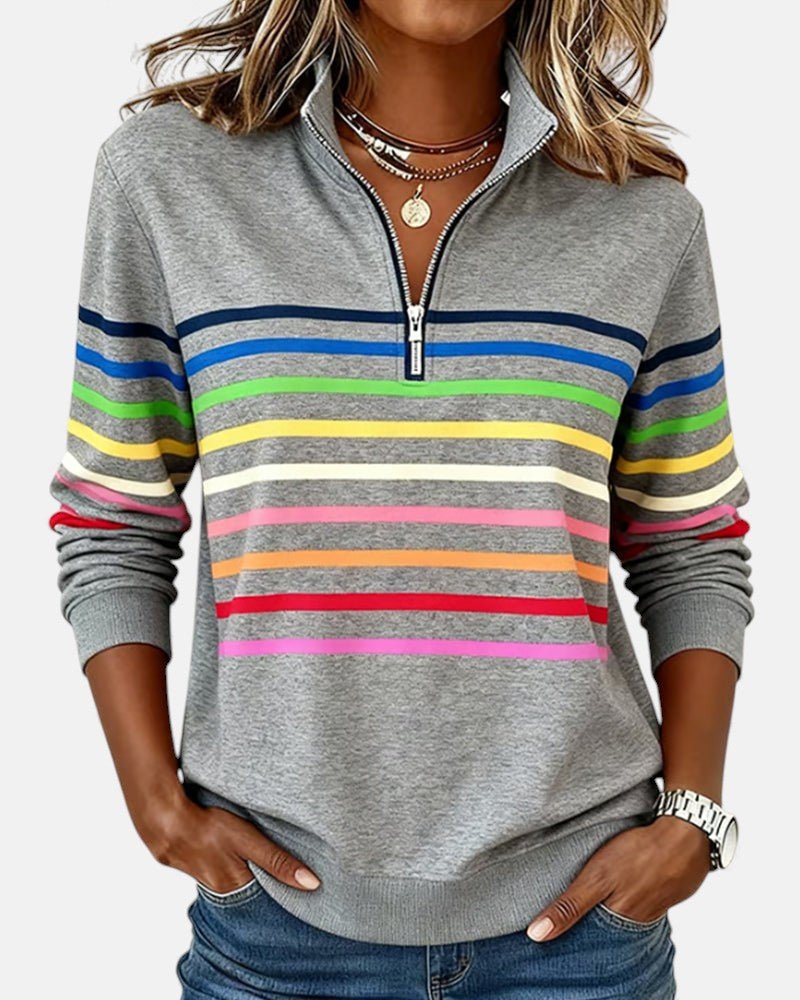Close-up of a women's striped quarter zip jumper, showing fabric texture and detail.