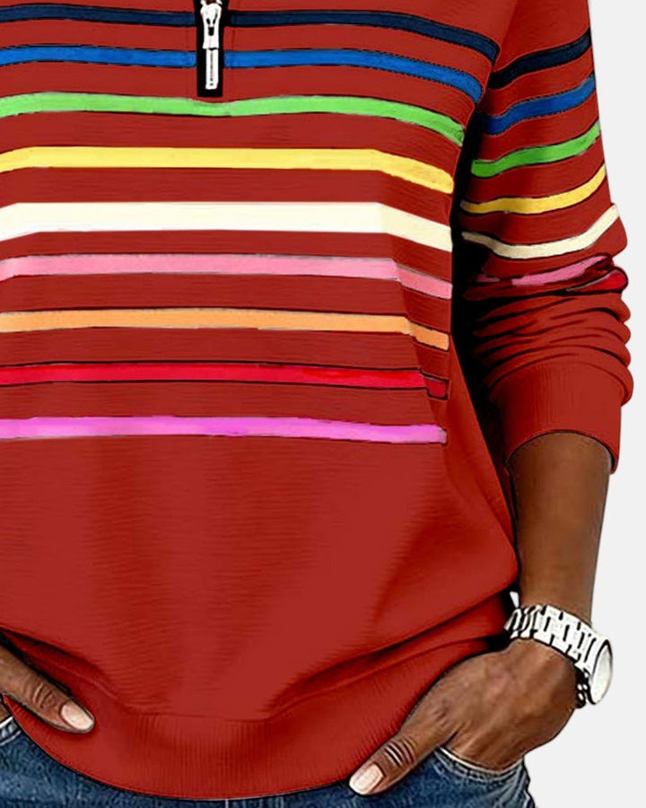 Back view of a women's striped long sleeve pullover, showing the full pattern.