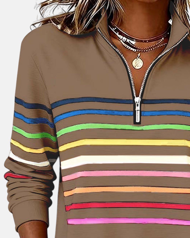 Striped quarter zip jumper for women, a comfy long sleeve top with a relaxed silhouette.