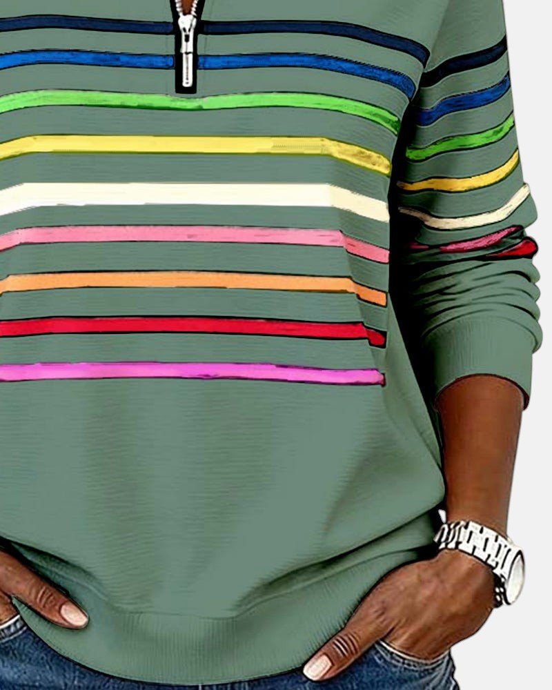 Close-up on the striped pattern and fabric of a women's quarter zip jumper.