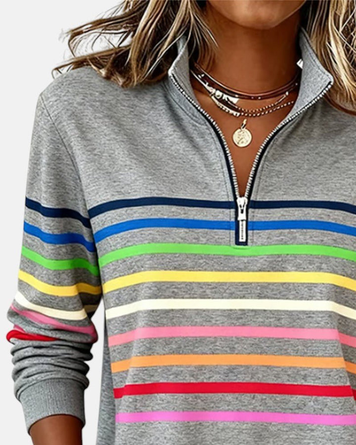Detail shot of the quarter zip closure on a women's striped long sleeve jumper.