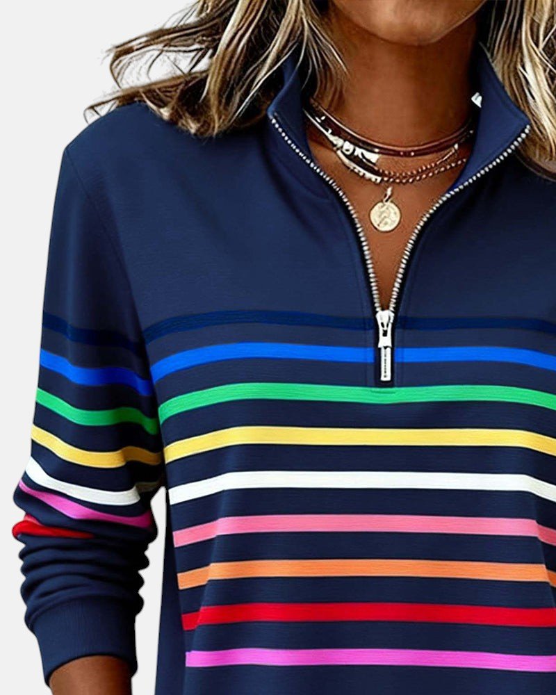 Women's fashion: vibrant striped quarter zip jumper, a cozy and chic long sleeve top.