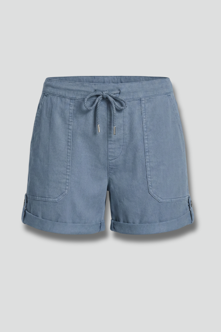 Close-up of women's casual drawstring shorts with pockets, perfect for summer comfort.