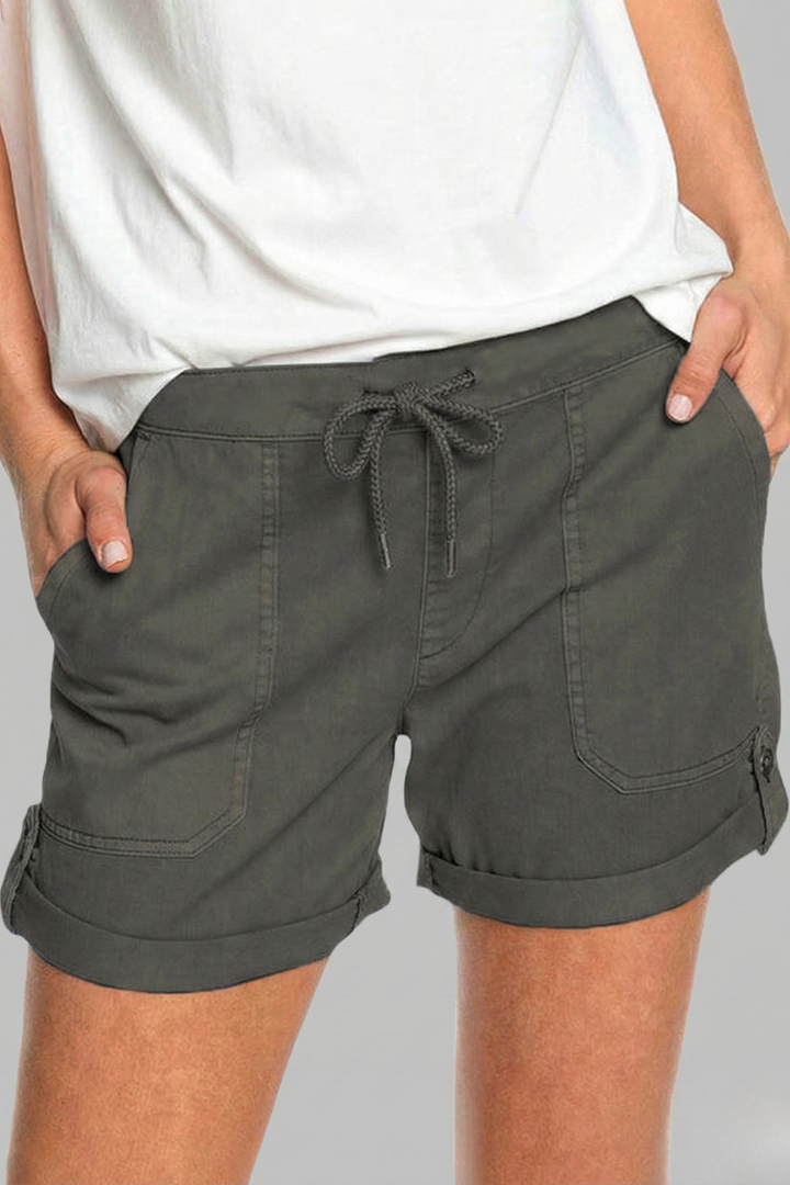 Back view of women's comfortable casual shorts with ample pocket space and drawstring.