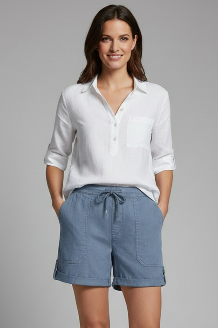 Full shot of women's comfortable casual drawstring shorts, ideal for warm weather everyday wear.
