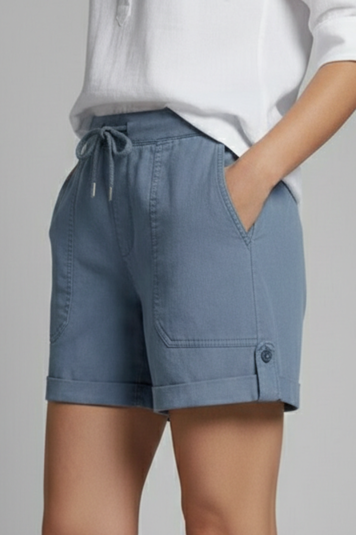 Versatile ladies' casual shorts with elastic drawstring waist and side pockets for comfort.