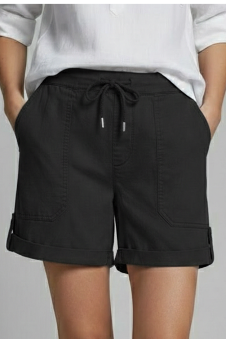 Comfortable women's summer shorts, light fabric, drawstring waist, and deep pockets.