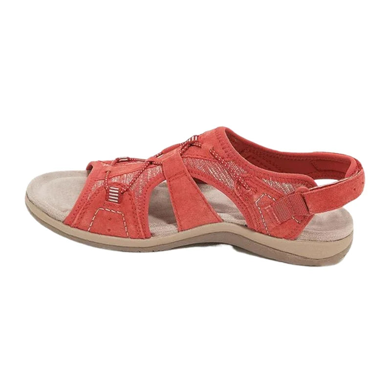 Front view of women's comfort sandals, highlighting the secure hook-and-loop adjustable strap and orthopedic features.