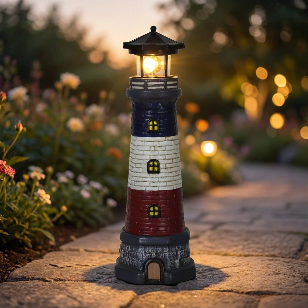 Coastal Lighthouse solar garden light with rotating LED beacon, perfect for outdoor patio decor.